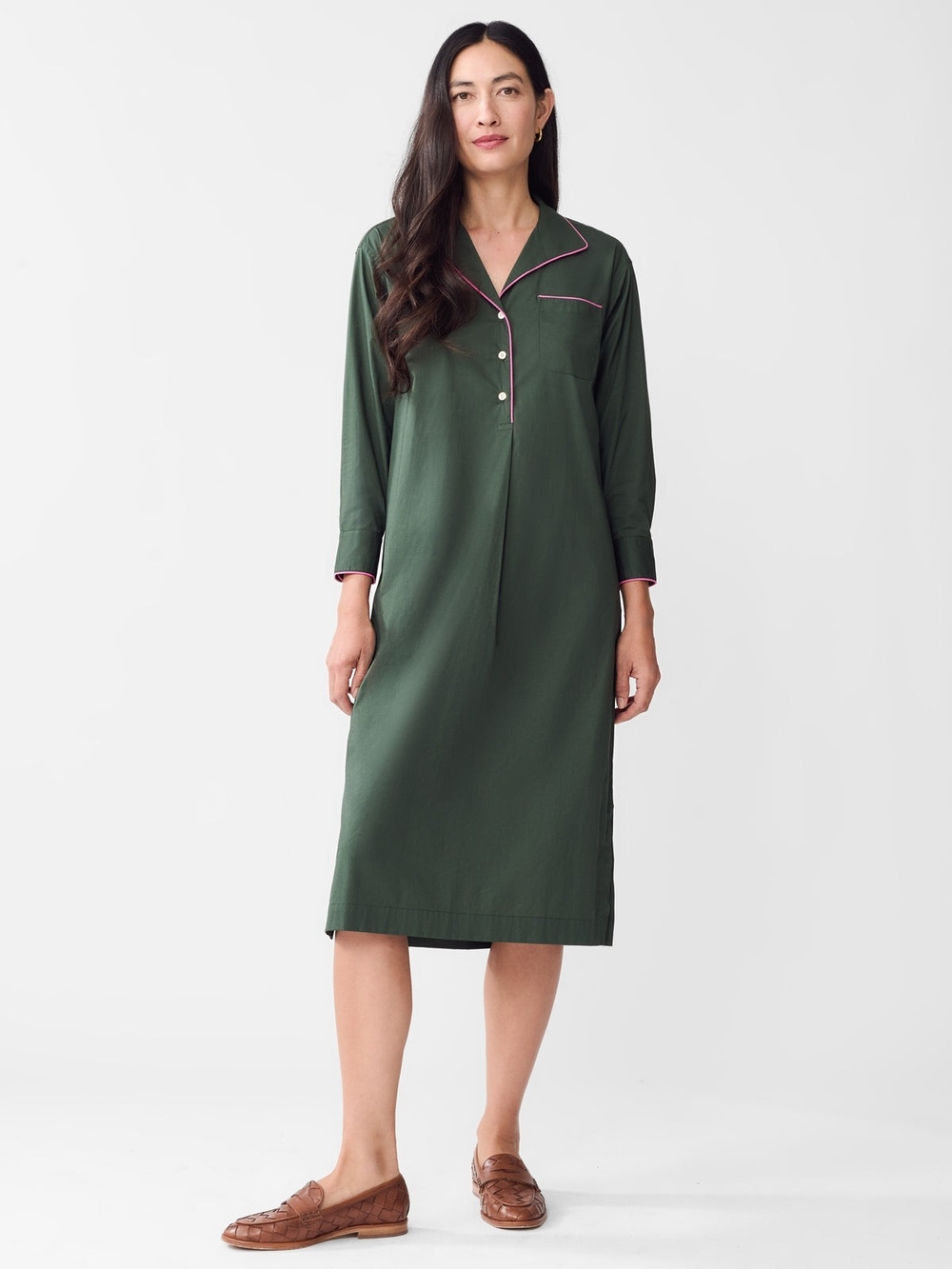 J. McLaughlin Dark Green Shirt Dress with Pink Piping